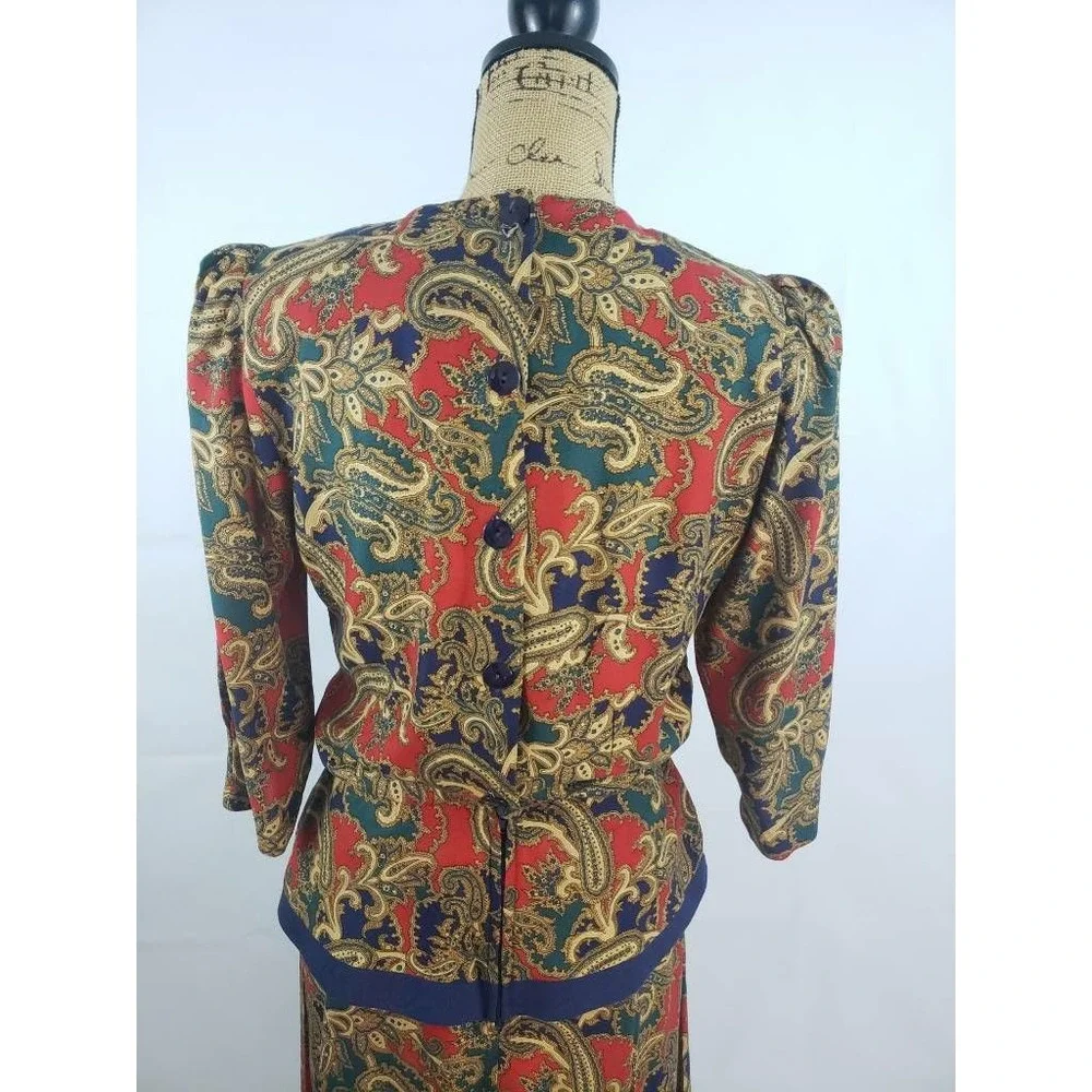 Lisa Petites Womens Peplum Dress Khaki Tan Red Paisley 3/4 Sleeve Vintage 10 U10